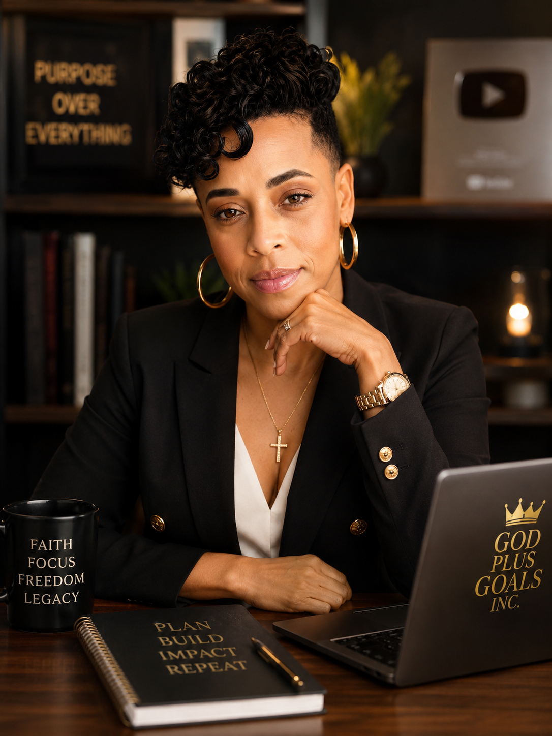 Shonda M. Taylor seated at her desk in a black blazer beside a God Plus Goals laptop and planner